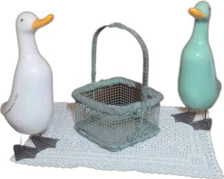 Vintage Farmhouse Decor Lot 2 Ceramic Ducks with Metal Feet Heart Wire Basket