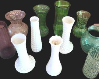 Vintage MidCentury Glass Vase Lot 11Piece Estate Collection Milk Glass Colored Glass