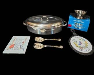 Oval Stainless Roasting Pan, Gravy Boat, Silver Plated Salad Servers And Trivets