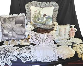 Decorative Pillows, Doilies And Basket Bundle