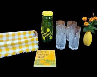 Crystal Tumblers And Vintage Green Glass Lemonade Bottle