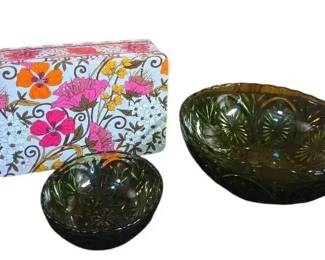 Vintage Anchor Hocking Avocado Green Pressed Glass Serving Bowls