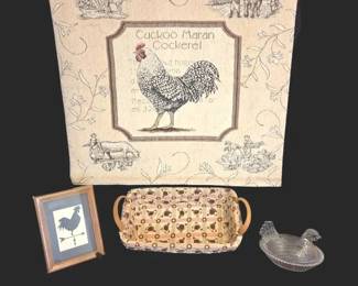 Vintage 4Piece Farmhouse Poultry Decor Lot Tapestry, Glass Hen on Nest More