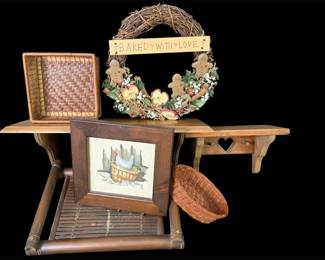 Vtg Wooden Shelves, Baskets Cross Stitch