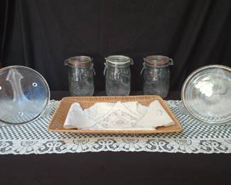 Vintage Fruit Embossed Clear Glass Storage Jars, Crochet Table Runner And Like Decor