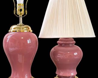 Two Mauve And Brass Lamps one Without Shade