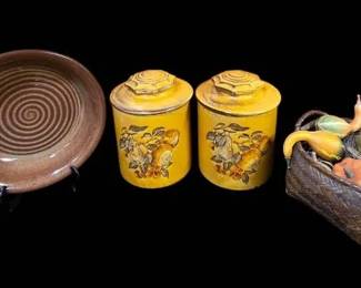 Vintage Holiday Design USA Ceramic Kitchen Canisters, Jug Town Pottery And Rustic Woven Basket