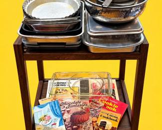Cooking, Baking, Roasting Mystery Lot With Utility Cart And Cookbooks