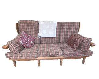 Vintage 1970s Colonial Revival Plaid Wood Frame Sofa