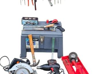 Mixed Hand and Power Tool Lot Craftsman Drill, Black Decker Saw Toolbox