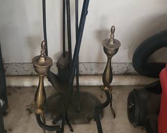 Vintage Brass and Black Wrought Iron Fireplace Tool Set with Andirons