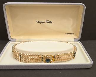 Kopy-Katz Vintage Multi-Strand Faux Pearl Choker with Blue Stone Clasp