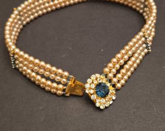 Kopy-Katz Vintage Multi-Strand Faux Pearl Choker with Blue Stone Clasp