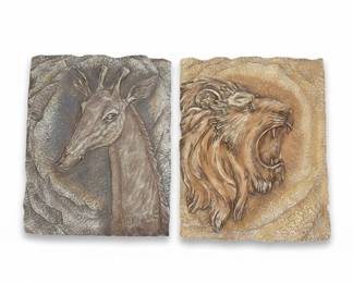 Pair of Resin Animal Relief Wall Plaques - Giraffe and Roaring Lion