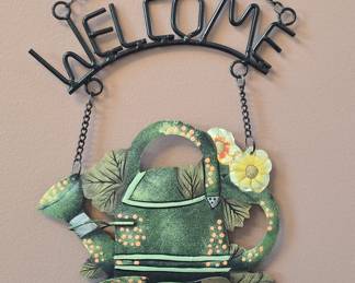 Decorative Metal Watering Can Welcome Sign with Floral Accents