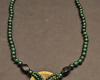 Chinese Coin and Malachite Bead Necklace