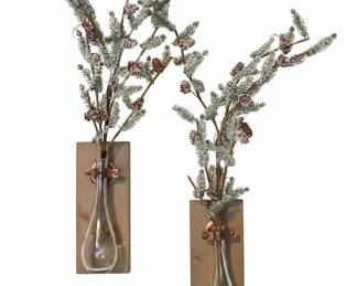 Pair of Rustic Wood and Glass Wall Sconces with Faux Greenery Sprigs