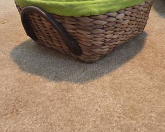 Woven Water Hyacinth Storage Basket with Lime Green Fabric Liner and Faux Leather Handles