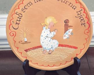 Norwegian Hand-Painted Wooden Decorative Plate with Prayer