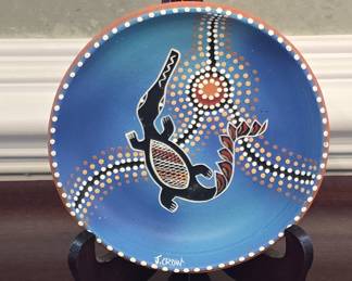 J. Crow Hand-Painted Terracotta Plate - Aboriginal Dot Art Style Crocodile