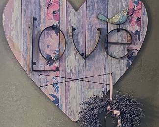 Decorative Heart-Shaped LOVE Wall Plaque with Lavender Wreath and Bird Accent