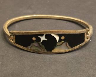 Vintage Alpaca Mexico Sterling Silver Abalone Inlay Bangle Bracelet