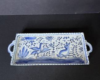 Hand-Painted Talavera Rectangular Serving Tray with Bird and Rabbit Motifs