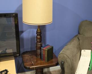 Vintage Turned Wood Table Lamp with Integrated Side Table