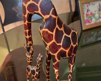 Hand-Carved Wooden Giraffe Family Sculpture