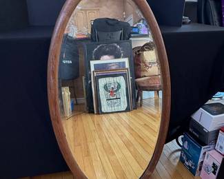 Mid-Century Oval Teak Wood Wall Mirror