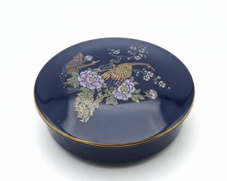 Vintage Kutani Ware Cobalt Blue Peacock Trinket Box