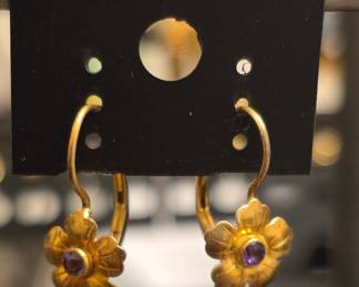 Sterling Silver Gold Flower Earrings with Purple Stones