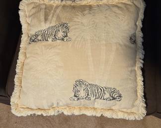 Tiger and Palm Tree Jacquard Pillow with Fringe