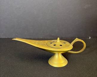 Vintage Etched Brass Genie Oil Lamp Incense Burner