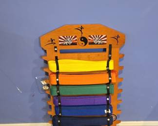 Martial Arts Belt Display Rack with Dragons and Yin-Yang Graphics