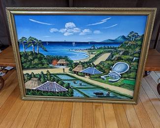Okinawan Landscape Painting with Traditional Tomb and Rice Paddies
