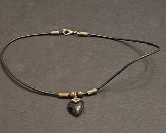 Black Onyx Heart Pendant Leather Cord Necklace