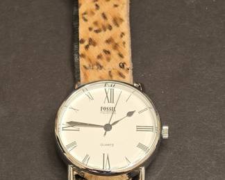 Vintage Fossil 'Fuzzy Fossil' Leopard Print Fur Strap Watch