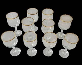 SET OF 10 ETCHED GLASS GOLD-RIMMED STEMMED GOBLETS