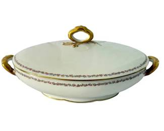 LIMOGES FRANCE ROSE & GILT COVERED SERVING DISH