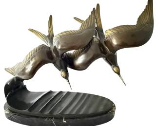RENETI SIGNED BRONZE THREE BIRDS SCULPTURE