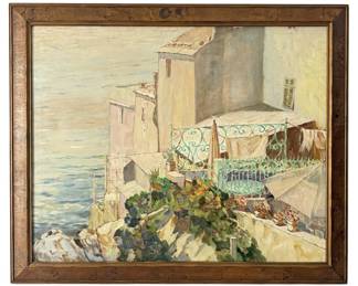 SIGNED MEDITERRANEAN COASTAL TERRACE OIL PAINTING