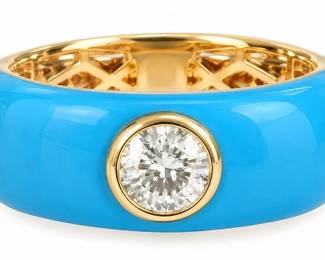 14K GOLD BLUE ENAMEL & 0.50CT DIAMOND RING 8.6G