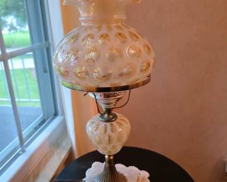 Vintage Fenton Honeysuckle Opalescent Coin Dot Lamp featuring a ruffled shade and a marble base