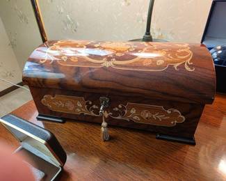 vintage Italian Sorrento inlaid wooden music or jewelry box featuring detailed floral marquetry.
