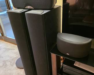 pair of black floor-standing tower speakers, likely part of the Klipsch Synergy series