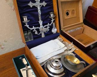 antique Catholic sick call set (or Last Rites kit) housed in a wooden box