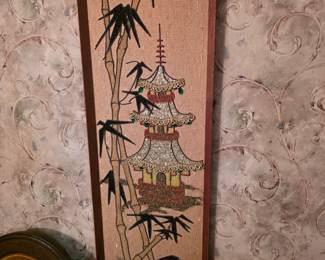 mid-century Asian-themed pagoda and bamboo gravel art panel.
