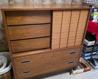 mid-century modern walnut highboy dresser by Hooker Furniture featuring a distinctive sliding woven cane door, excellent condition!