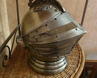 mid-century medieval knight's helmet liquor decanter caddy and musical bar set.